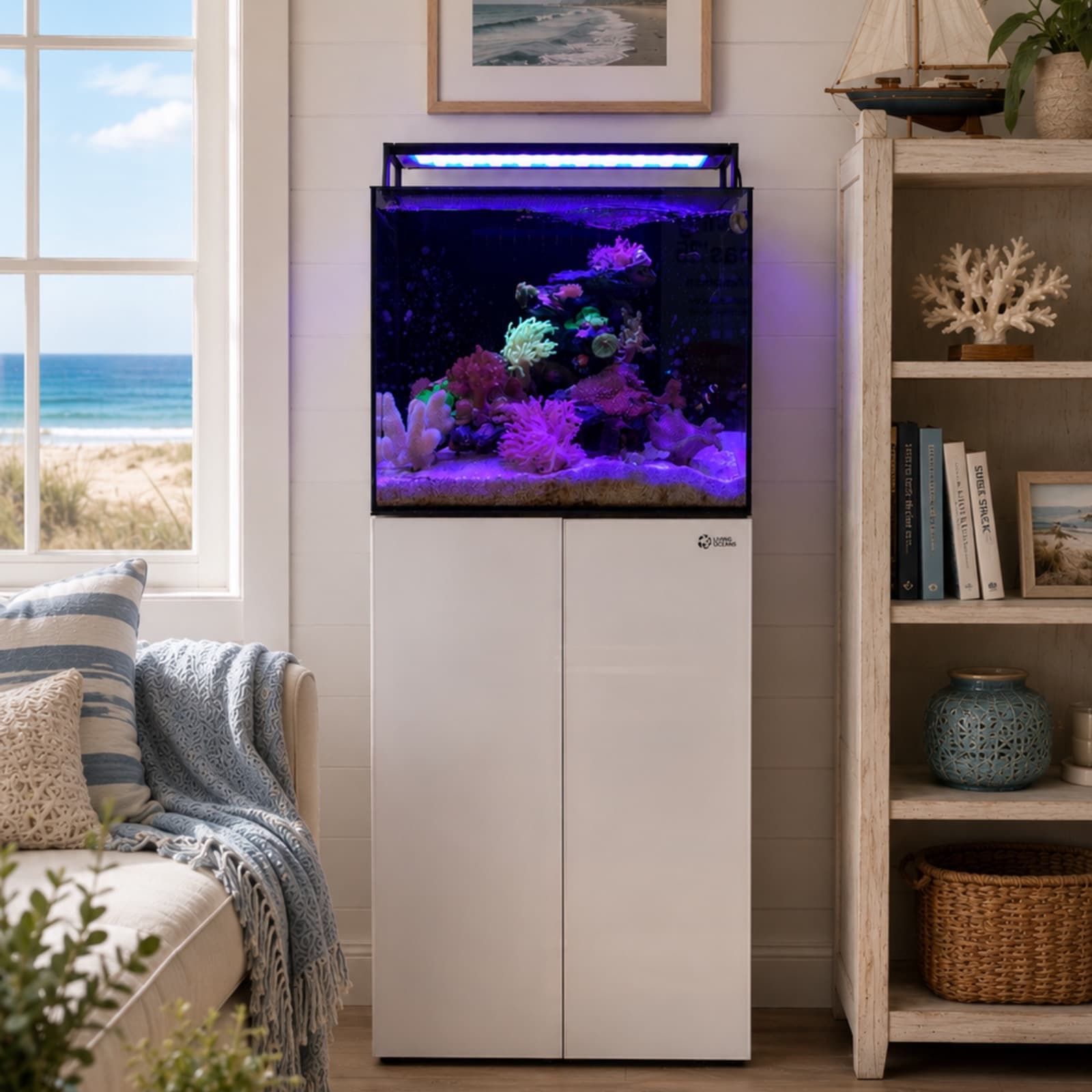 A Living Oceans marine ecosystem aquarium glowing in a coastal living room